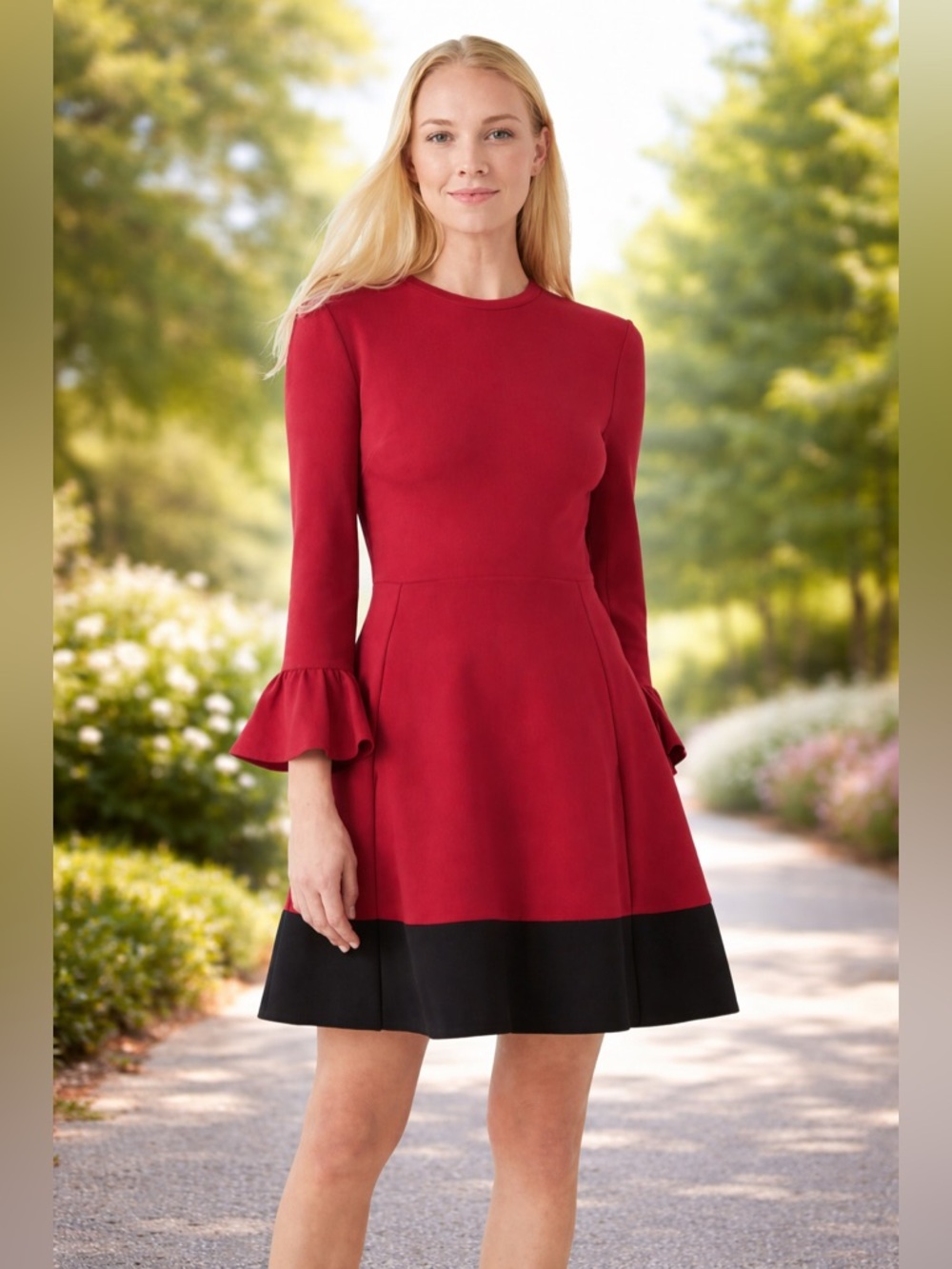 Kate Spade Colorblock Bell Sleeve Ponte Dress Cranberry Red Above Knee Small